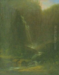 Landskap Med Hogt Vattenfall, Nedanfor Stugor Och Figurer by Carl Johan Fahlcrantz