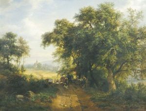 Waldlandschaft Mit Blick Auf Gernsbach, Im Vordergrund Bauer Auf Einem Pferdewagen by Carl Ludwig Fahrbach