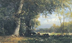 Kuhherde Am Waldrand by Carl Ludwig Fahrbach