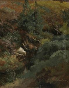 Wasserlauf Am Waldrand - Wassergraben Zwischen Gras Und Gebusch by Carl Ludwig Fahrbach