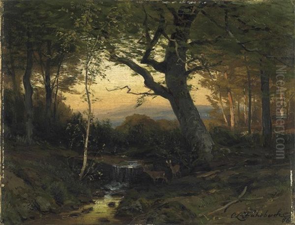 Sommerliche Waldpartie Im Morgenlicht. Vorn Rehe An Kleinem Bachlauf - view 1