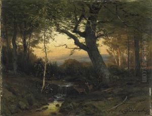 Sommerliche Waldpartie Im Morgenlicht. Vorn Rehe An Kleinem Bachlauf thumbnail