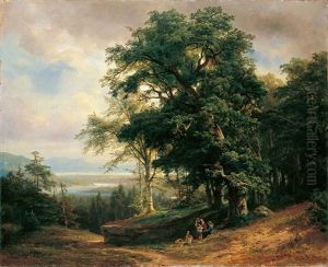 Bewaldete Flusslandschaft Mit Rastender Familie by Carl Ludwig Fahrbach