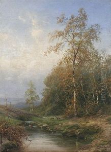 Birkenlandschaft - Bachlandschaft Mit Zwei Rehen Birkenlandschaft - Bachlandschaft Mit Zwei Rehen