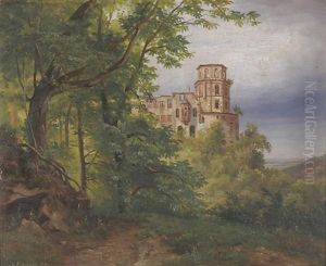 Blick Von Osten Auf Den Glockenturm Des Heidelberger Schlosses; Im Vordergrund Baume, Der Hintergrund Mit Blick In Die Rheinebene