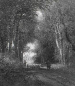 Schafer Mit Seiner Herde Auf Dem Waldweg by Carl Ludwig Fahrbach
