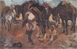 Rastender Bauernjunge Mit Pferden by Carl Fahringer