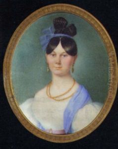 A Young Lady In A White Dress With A Pink Belt, A Blue Stole Over Her Shoulder, Gold Necklaces And Earrings, A Blue Ribbon In Her Hair