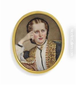 Alexandra, Princess Of Wales (1844-1925), In Blue Gown With Heavily Braided Borders Over A White Chemise, A Black Cap On Her Fair Hair, Seated On A... by Guglielmo Faija