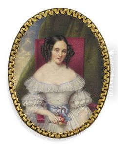 Miss Faija, The Artist's Sister, In Lace-bordered Decollete White Dress Trimmed With Blue Ribbon, Blue Sash Tied Around Waist, Seated In A Red Upholstered Chair And Holding A Bouquet Of Flowers by Guglielmo Faija