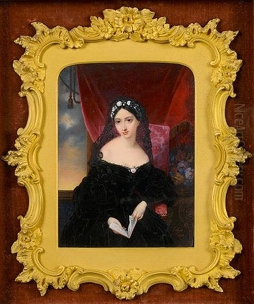 A Lady, Seated On An Upholstered Chair, Wearing Black Dress, Pink Rose At Her Corsage, Black Lace Veil And Wreath Of White Roses In Her Black Hair - view 1