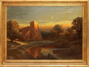 Castle Over Pond At Sunrise