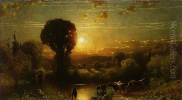 Late Sun Glow - Cows Watering - view 1