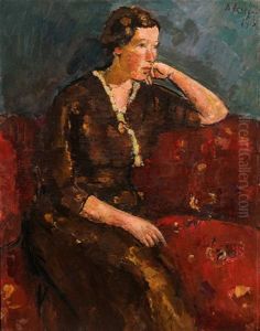 Young Woman In A Red Dress On A Red Couch (portrait Of Ida, The Artist's Wife) by Anton Faistauer