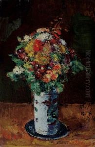 Blumenstraus In Walzenkrug Auf Teller by Anton Faistauer