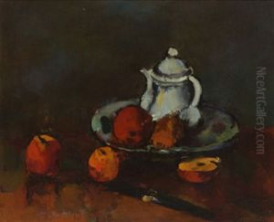 Apfelstilleben Mit Weiser Kanne Und Messer by Anton Faistauer