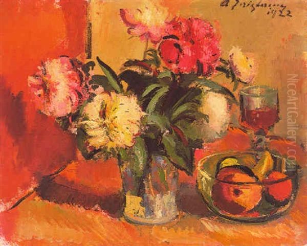 Stilleben Mit Blumenstraus Und Obstschale - view 1