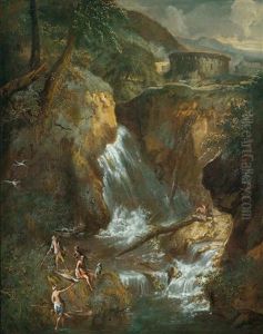 Felsschlucht Mit Einem Wasserfall Und Fischern Felsschlucht Mit Einem Wasserfall Und Fischern