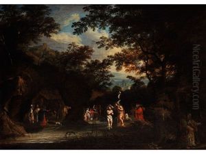 Taufe Christi In Grosser Baumlandschaft by Anton Faistenberger