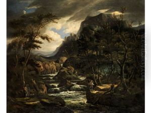 Felsige Landschaft Mit Kaskaden, Herabfliessendem Bachlauf Zwischen Felsen Mit Anglern Und Schafern Im Vordergrund