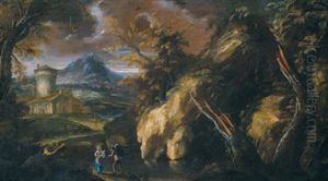 Sudliche, Bewaldete Gebirgslandschaft Mit Einem Turm Und Figuren