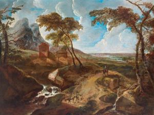 Sudliche Gebirgige Flusslandschaft Mit Einem Reisenden Und Einem Reiter