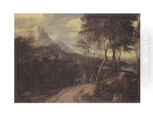 An Extensive Classical Landscape With An Elegant Lady And Other Travellers On A Road, A Town Beyond by Anton Faistenberger