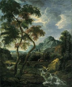 Gebirgige Landschaft Mit Einer Steinernen Bogenbrucke Uber Einem Sturzbach Gebirgige Landschaft Mit Einer Steinernen Bogenbrucke Uber Einem Sturzbach