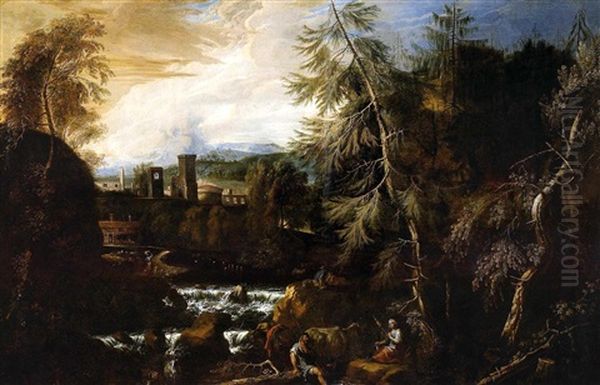 Grose, Bewaldete Gebirgslandschaft Mit Einem Sturzbach Und Figuren, Im Mittelgrund Eine Stadt - view 1