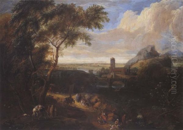 Sudliche Flusslandschaft Mit Einer Steinernen Bogenbrucke, Einem Schloss Und Vielen Figuren - view 1