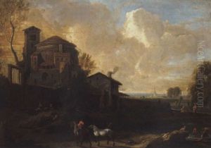 An Italianate Landscape With Bathers Before A Village And Horsemen On A Track