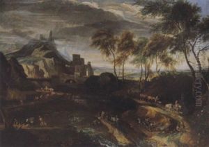 Ideale Landschaft Mit Reisenden Und Lagernden Zigeunern