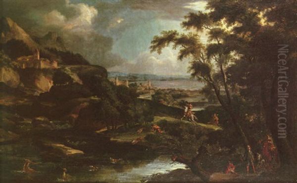 A Stag Hunt In A Mountainous Landscape With A Town On A Plain Beyond - view 1
