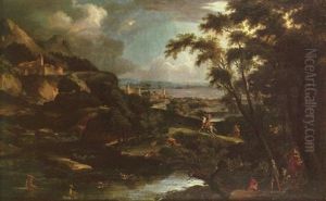 A Stag Hunt In A Mountainous Landscape With A Town On A Plain Beyond by Anton Faistenberger