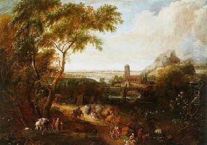 Weite Gebirgige Fluslandschaft Mit Einem Kloster In Hintergrund Und Lagernden Zigeunern by Anton Faistenberger
