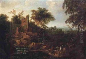 An Italianate Landscape With Huntsmen On Horseback And Hounds, Fishermen And A Rider