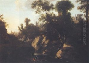 Wooded Landscape With Soldiers Fighting Beside A Rocky Torrent