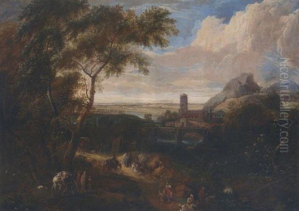 An Extensive Italianate Landscape With Travellers On A Path, A Village By A Bridge Beyond - view 1