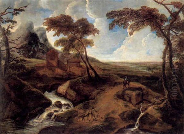 Weite, Bewaldete Landschaft Mit Bergen, Einem Sturzbach Und Reisenden - view 1
