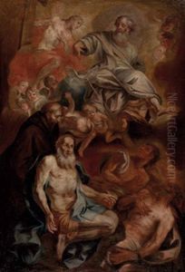 Die Heilige Dreifaltigkeit Mit Heiligem Monch (franziskus?) Und Drei Leidenden Mannern Im Fegefeuer by Simon Benedikt Faistenberger