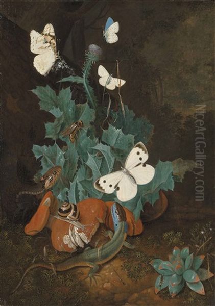 A Forest Floor With A Lizard, A Snake And A Snail Among Weeds - view 1