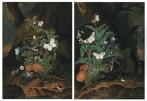Two Forest Floors With A Snake, Lizard, Butterflies And Snails Amongst Weeds On A Riverbank by Johann Falch