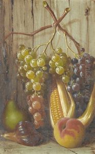Still Life Of Fruit With Grapes, Corn And A Peach by Giuseppe Falchetti