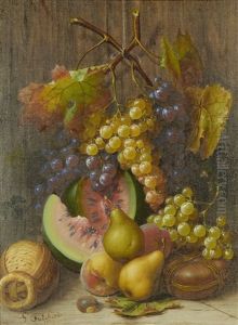 Still Life Of Fruit With Grapes, Watermelon And Pears