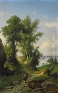 Sommerliche Seelandschaft Mit Holzleserin by Giuseppe Falchetti
