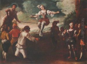 Acrobats Performing With A Tightrope With A Country Landscape Beyond
