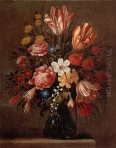Still Life Of Variegated Tulips, Morning Glory, Narcissi, Lilies And Snow Drops, In A Glass Vase, Upon A Stone Ledge by Jeremias Falck