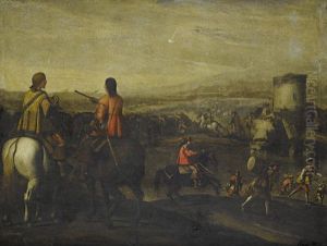 Mounted Officers With A Cavalry Skirmish In The Distance