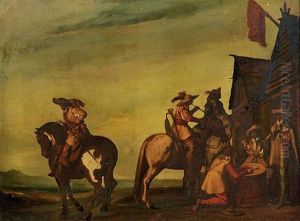 Cavaliers And Soldiers Gambling Outside An Inn, In An Extensive Landscape by Aniello Falcone