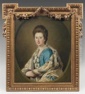 Portrait De Jeune Femme En Robe De Soie Bleue, Enveloppee Dans Une Pelisse